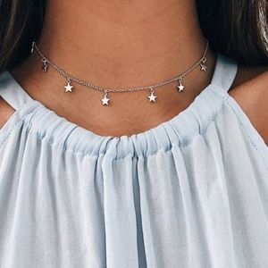 Shiny Silver Star Dangle Delicate  Choker Necklace